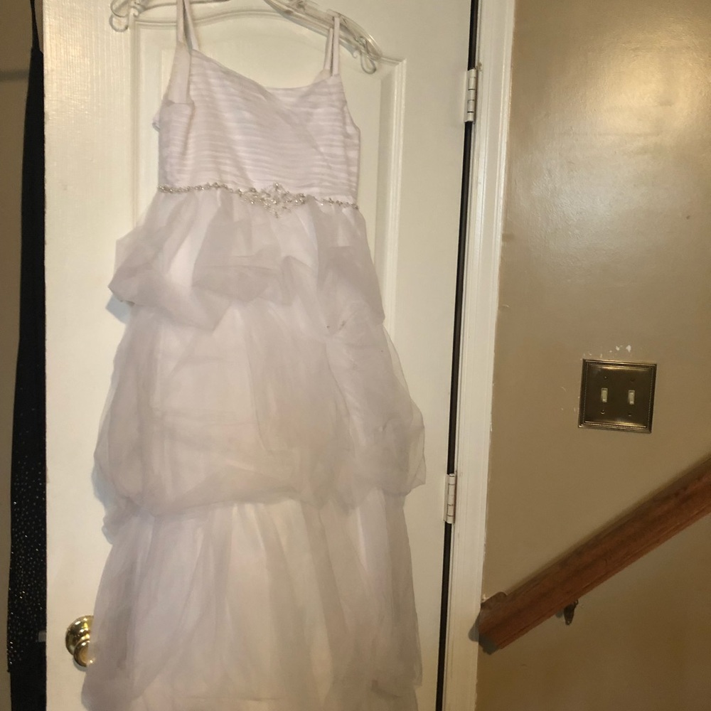 David’s bridal girls bridesmaid dress white